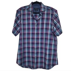 Bugatchi Uomo Mens Shirt Button Front Shaped Fit Short Sleeve 100% Cotton Plaid
